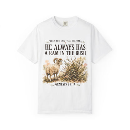 Comfort Colors® He Always Has a Ram in the Bush Tee, Minimal Christian Shirt Women