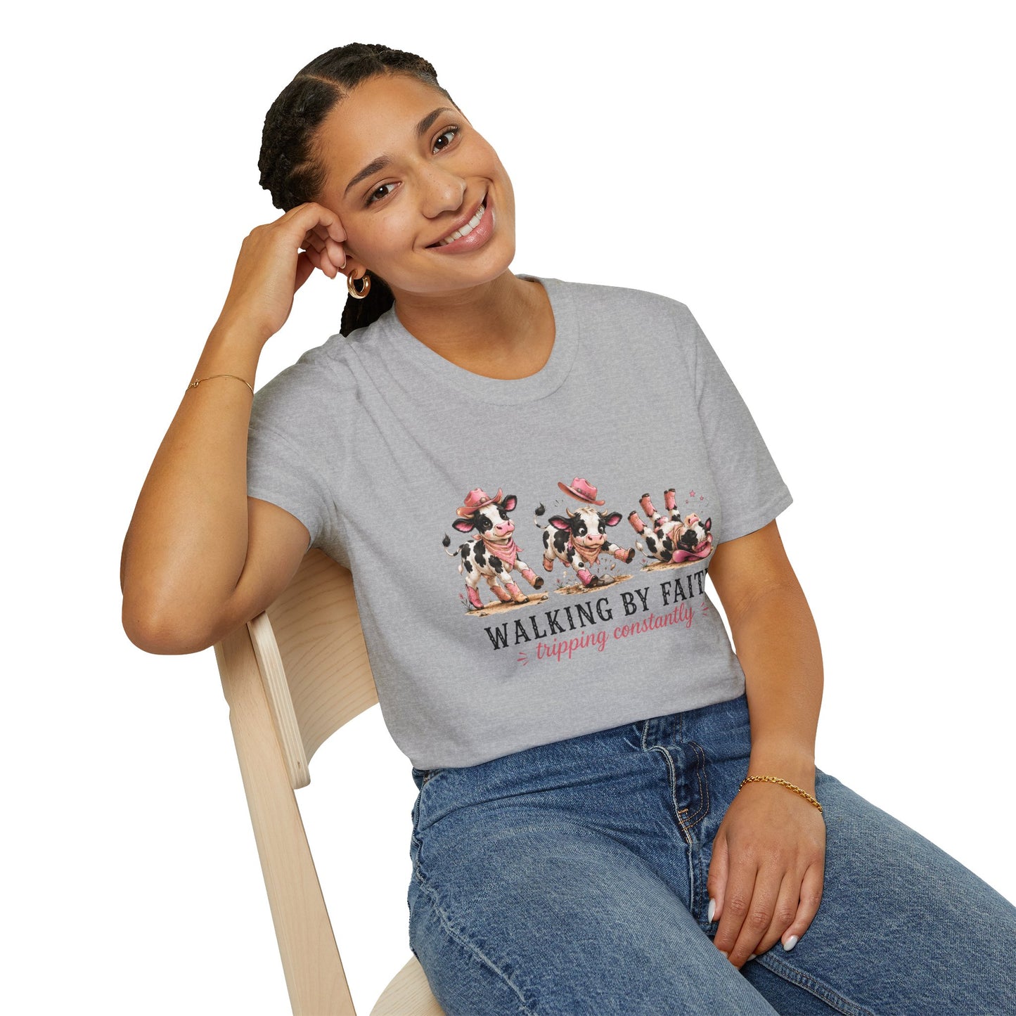 Walking By Faith Tripping Constantly T-Shirt – Cute Spotted Cow Design, Faith Humor Tee