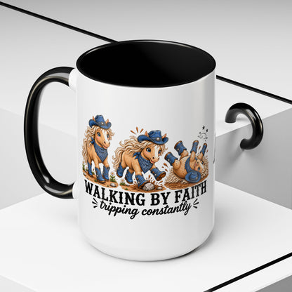 Personalized Walking By Faith Tripping Constantly Mug, Custom Name Horse Coffee Mug, Western Cowgirl Cup, Funny Faith Gift for Horse Lovers