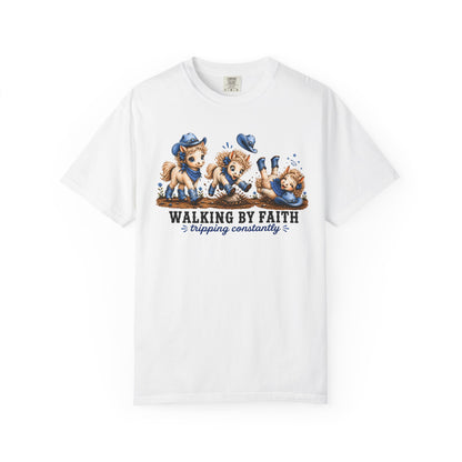 Comfort Colors® Walking By Faith Tripping Constantly Tee, Denim Blue Cowgirl Horse Shirt, Cute Whimsical Western Shirt, Cowboy Boots Tee