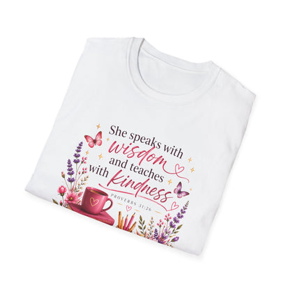Christian Ladies' T-Shirt — "She speaks with wisdom and teaches with kindness" Floral Bible Verse Tee