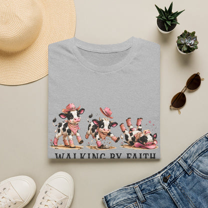 Walking By Faith Tripping Constantly T-Shirt – Cute Spotted Cow Design, Faith Humor Tee