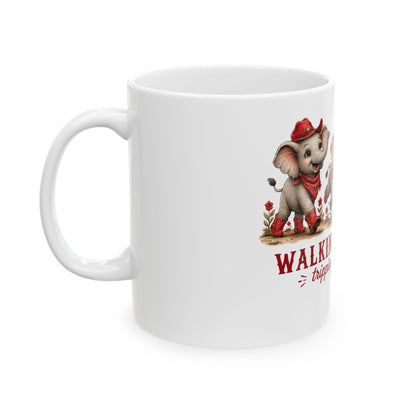 Walking By Faith Tripping Constantly Mug, Cute Red Elephant Whimsical Baby Farm Animal Cowgirl Christian Faith Gift, Red Elephant Lover Gift