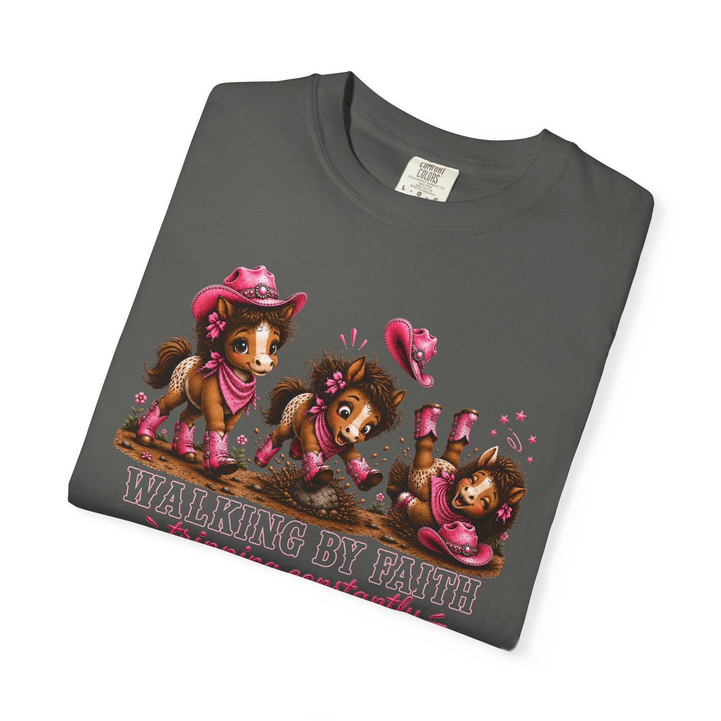 Comfort Colors® Walking By Faith Tripping Constantly Tee, Cowgirl Western Pink Shirt, Cute Whimsical Horse Shirt, Cowboy Boots Western Tee