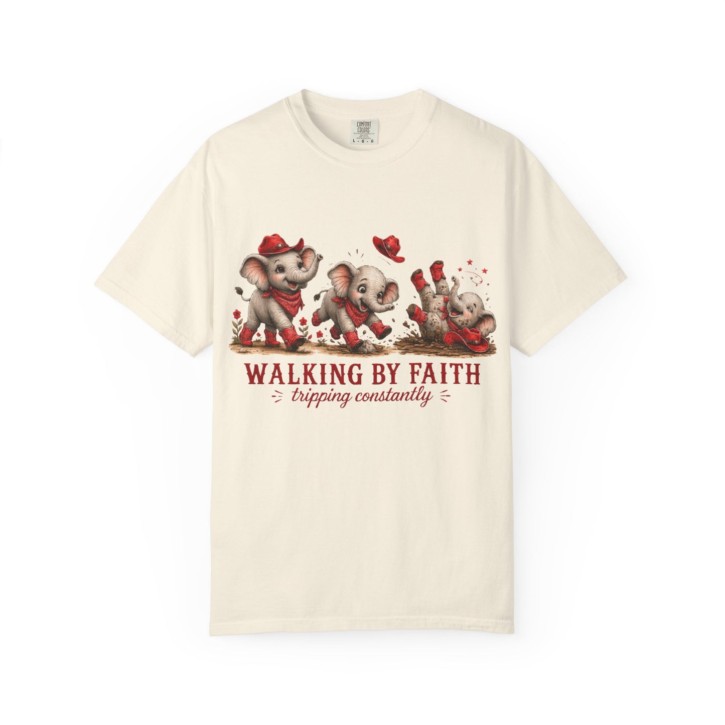Comfort Colors® Walking By Faith tripping constantly T-Shirt | Cute Red Elephant Shirt