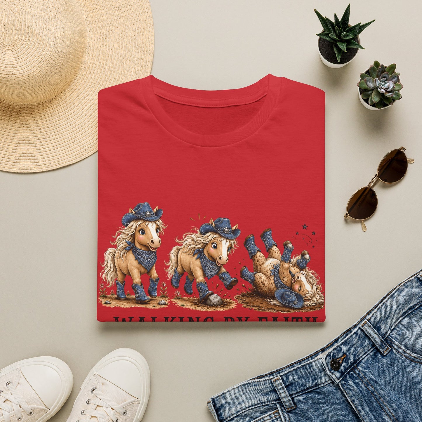 Walking by Faith (Tripping Constantly) Horse Denim Cowgirl  Graphic Tee