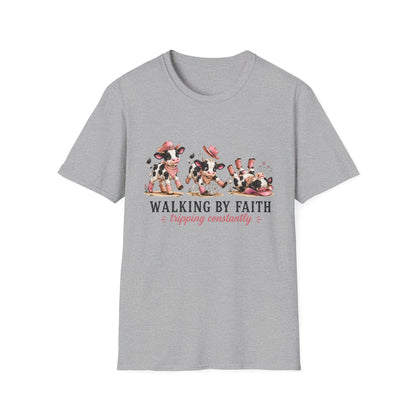Walking By Faith Tripping Constantly T-Shirt Cute Spotted Cow