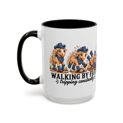 Personalized Walking By Faith Tripping Constantly Mug, Custom Name Horse Coffee Mug, Western Cowgirl Cup, Funny Faith Gift for Horse Lovers