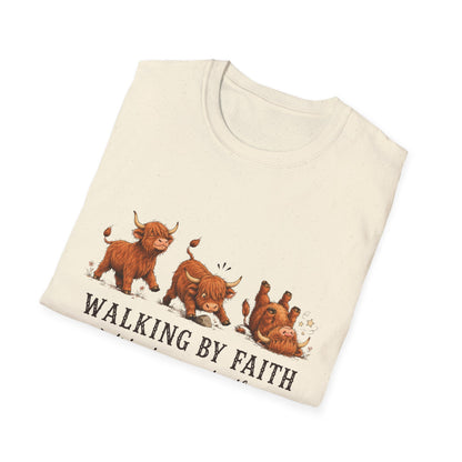 Walking By Faith Tripping Constantly T-Shirt – Cute Highland Cow Design, Faith Humor Tee