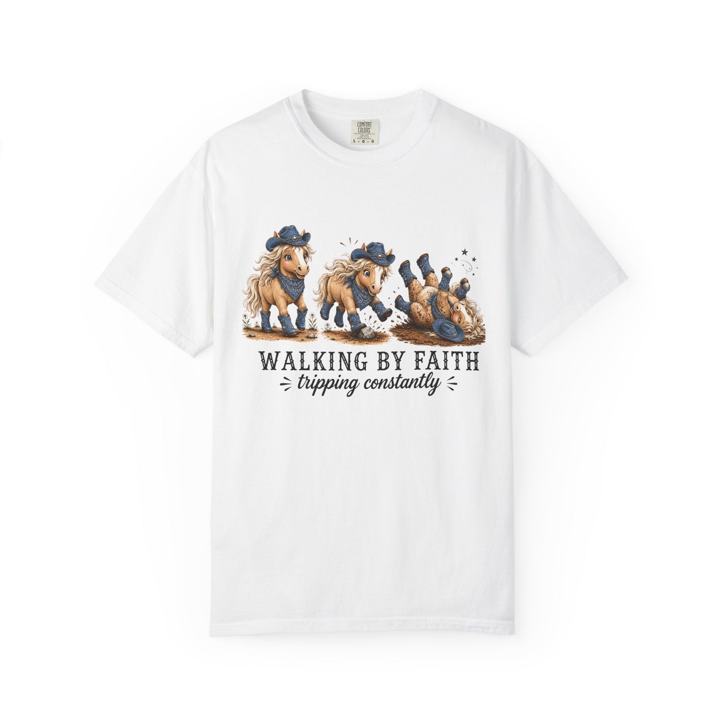 Comfort Colors® Walking By Faith Tripping Constantly Shirt Western Cowgirl Horse lover Tee Trendy Faith Christian Mom Country  Shirt