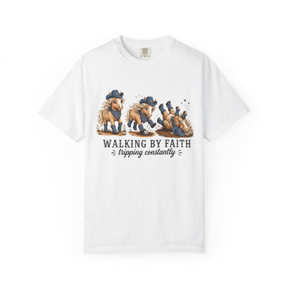 Comfort Colors® Walking By Faith Tripping Constantly Shirt Western Cowgirl Horse lover Tee Trendy Faith Christian Mom Country  Shirt