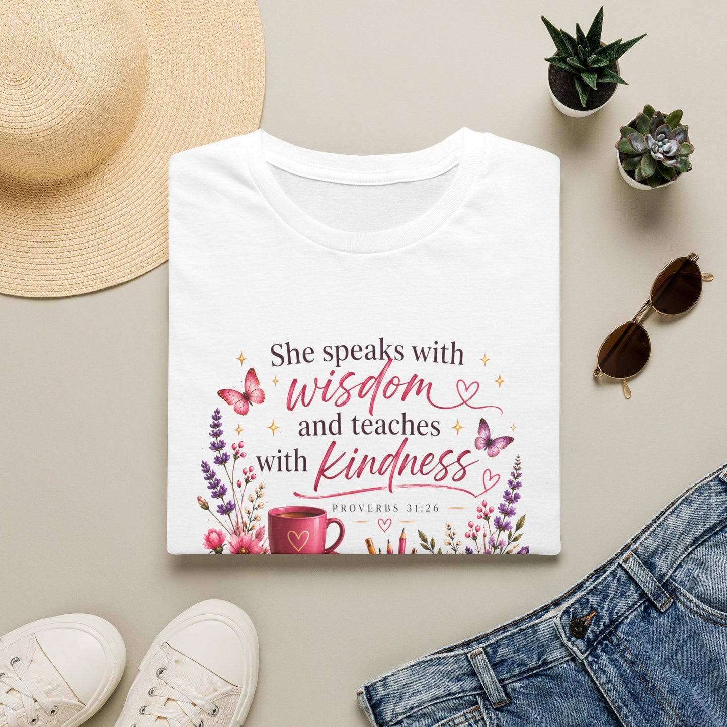 Christian Ladies' T-Shirt — "She speaks with wisdom and teaches with kindness" Floral Bible Verse Tee