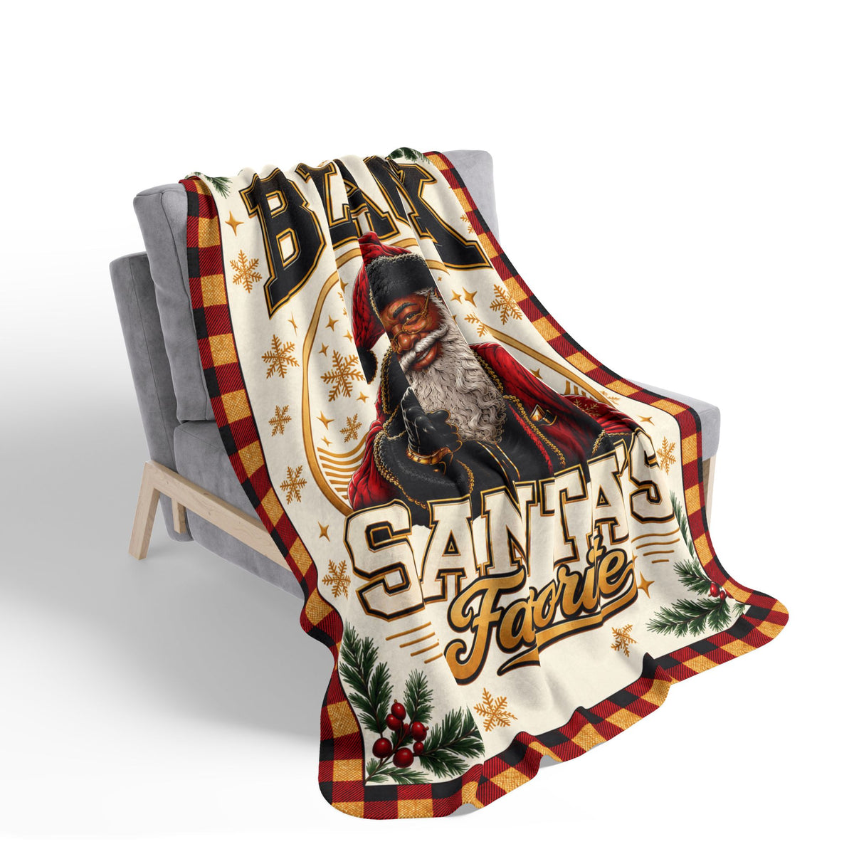 Black Santa's Favorite Sherpa Fleece Blanket Christmas Buffalo Plaid African American Santa Holiday Throw Cozy Gift