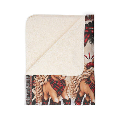 Walking By Faith Tripping Constantly Christmas Sherpa Blanket, Plaid Cowgirl Horse Throw, Western Holiday Cow Print Fleece Blanket