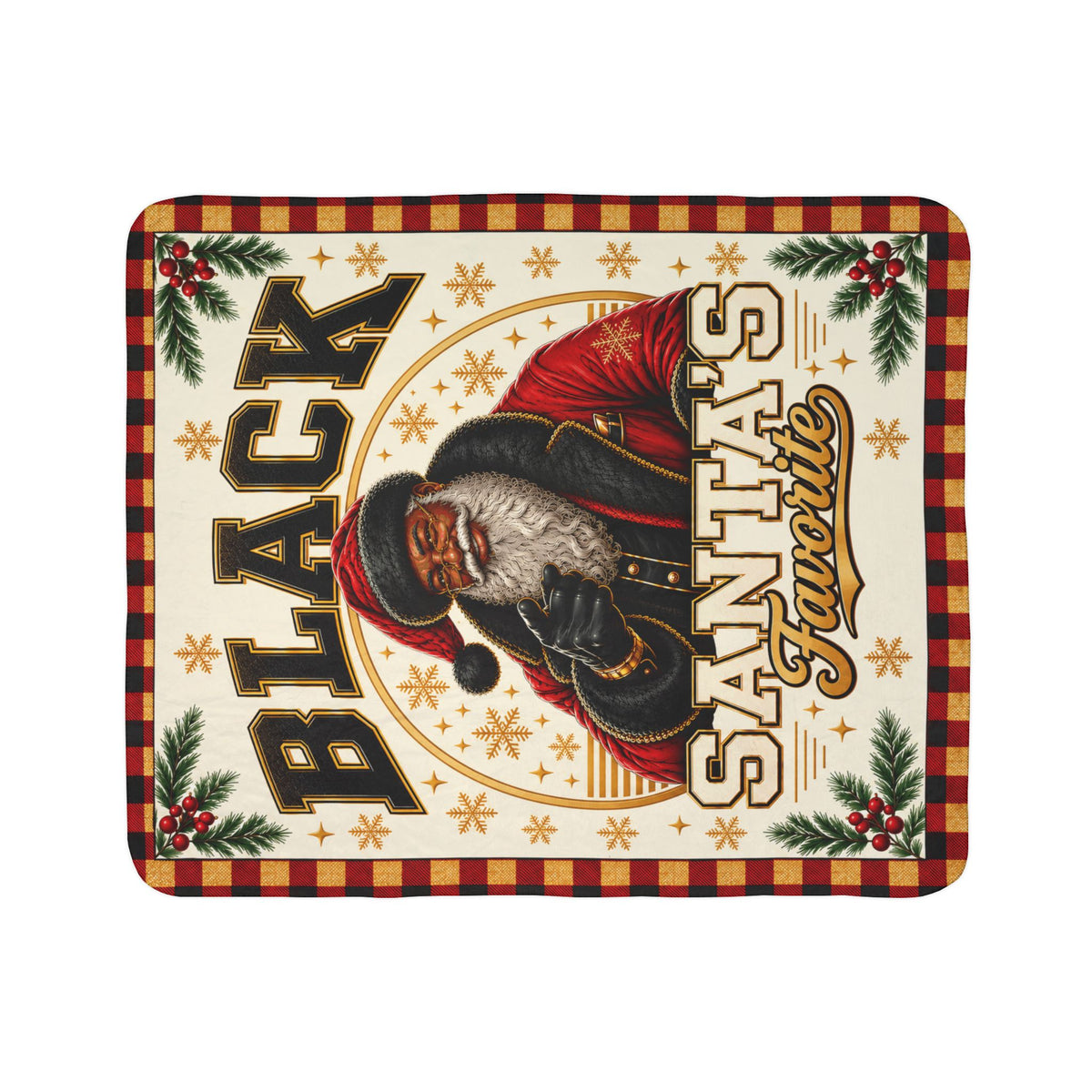 Black Santa's Favorite Sherpa Fleece Blanket Christmas Buffalo Plaid African American Santa Holiday Throw Cozy Gift