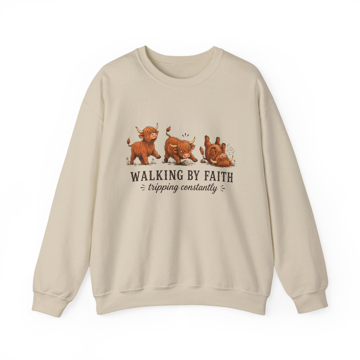 Walking By Faith Tripping Constantly Highland Cow Christmas Winter Sweatshirt