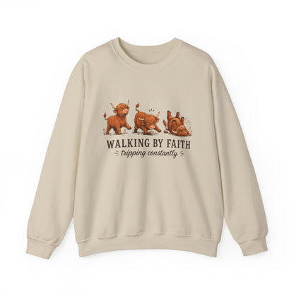 Walking By Faith Tripping Constantly Highland Cow Christmas Winter Sweatshirt