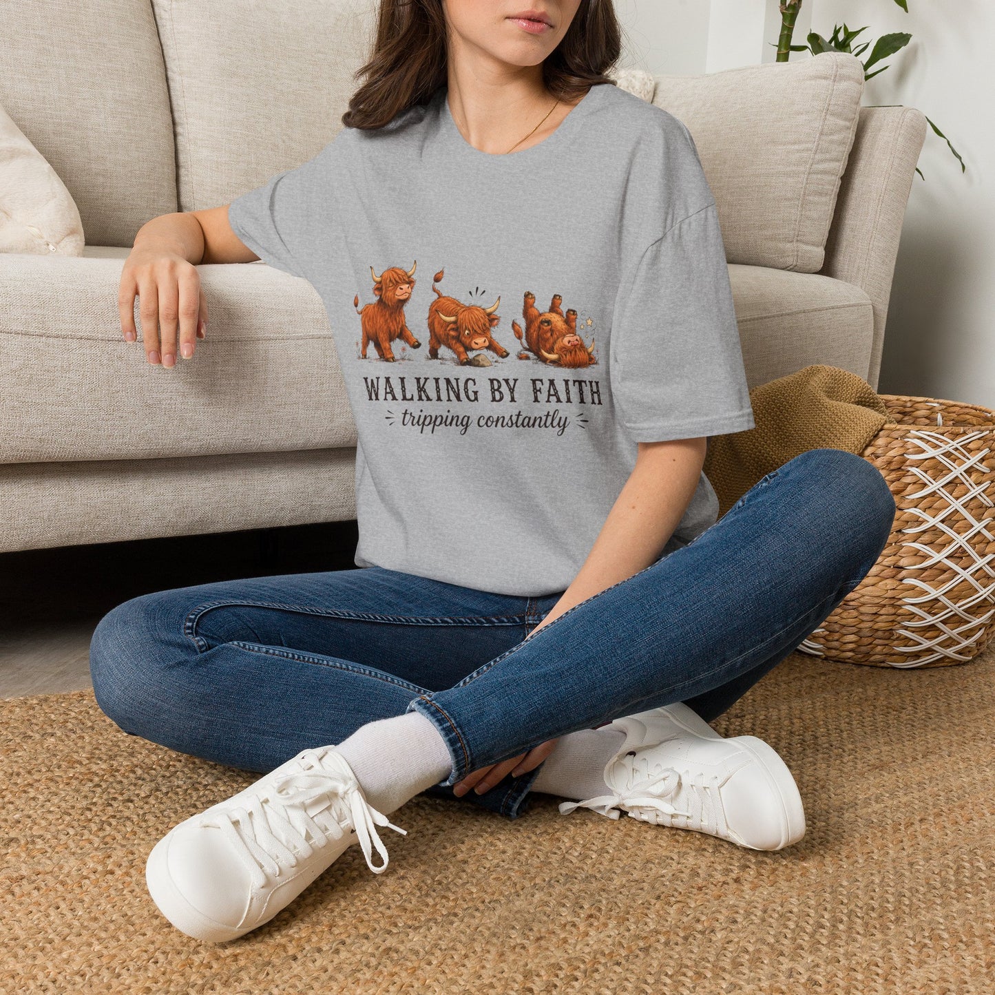 Walking By Faith Tripping Constantly T-Shirt – Cute Highland Cow Design, Faith Humor Tee