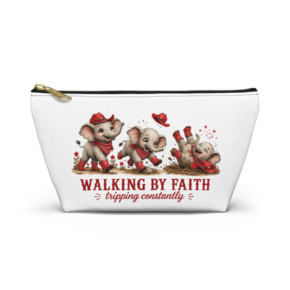 Walking By Faith Tripping Constantly Makeup Bag, Cute Elephant Cosmetic Pouch, Whimsical Baby Elephant Zipper Bag, Elephant Lover Gift