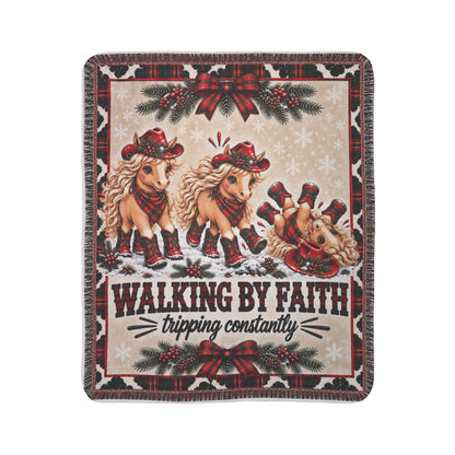 Walking By Faith Tripping Constantly Christmas Sherpa Blanket, Plaid Cowgirl Horse Throw, Western Holiday Cow Print Fleece Blanket