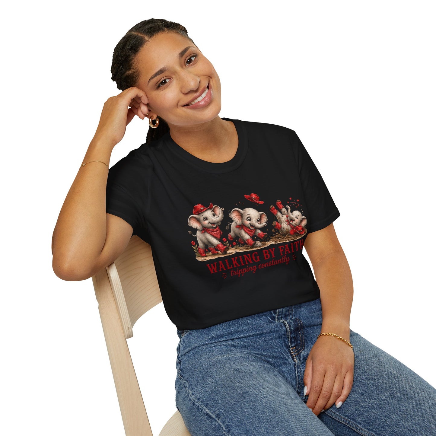 Walking By Faith Tripping Constantly T-Shirt – Cute Red Elephant Design, Faith Humor Tee