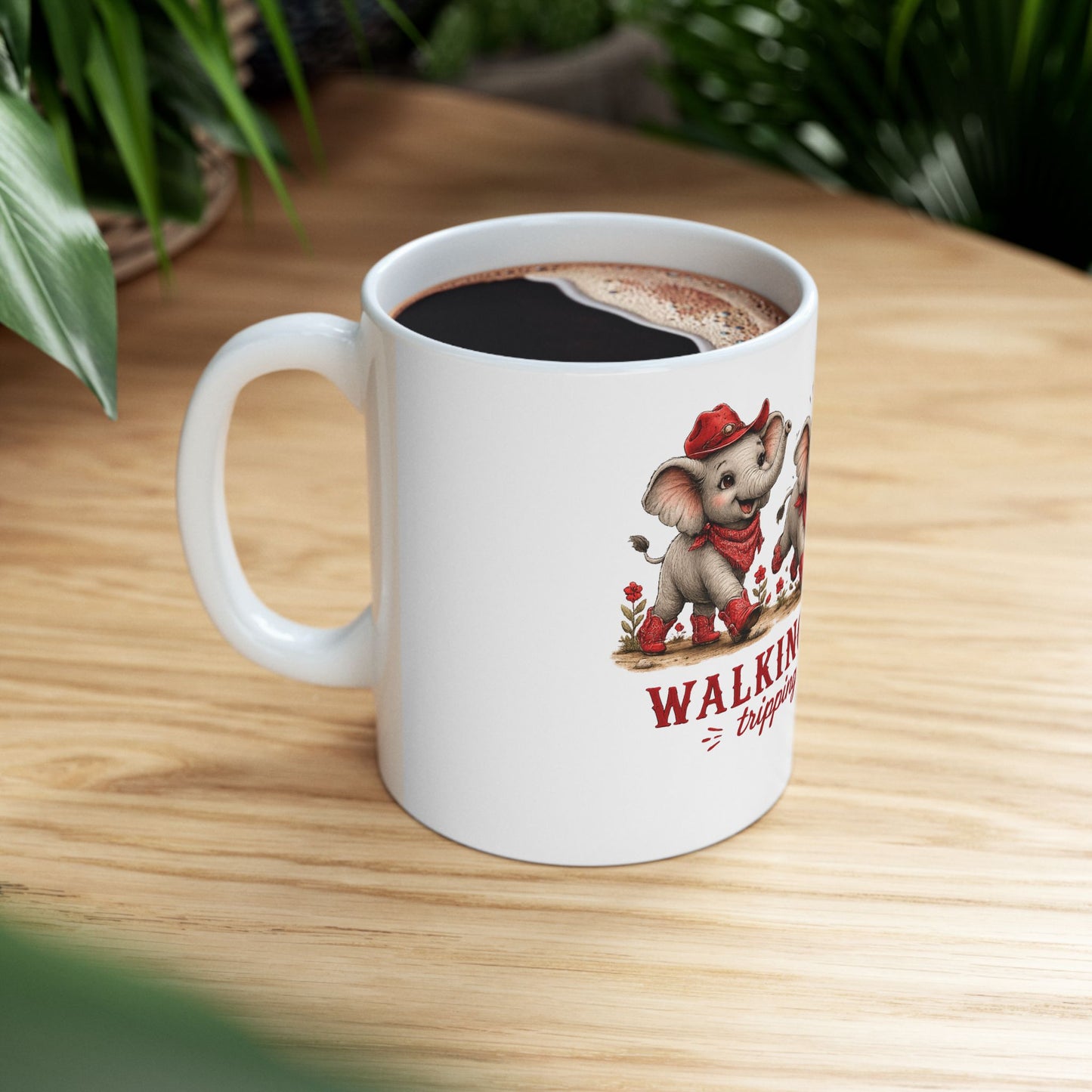 Walking By Faith Tripping Constantly Mug, Cute Red Elephant Whimsical Baby Farm Animal Cowgirl Christian Faith Gift, Red Elephant Lover Gift