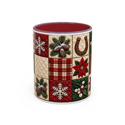 Western Christmas Patchwork Poinsette Quilt Style Mug, Cozy Country Horseshoe Snowflake Ceramic Coffee Mug, Rustic Holiday Farmhouse Gift