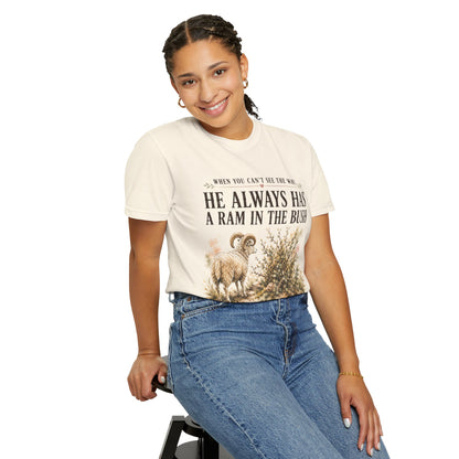 Comfort Colors® He Always Has a Ram in the Bush Tee, Minimal Christian Shirt Women