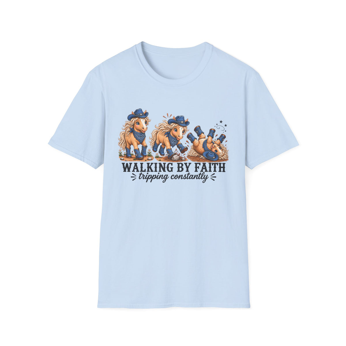Walking by Faith (Tripping Constantly) Horse Denim Cowgirl Graphic Tee