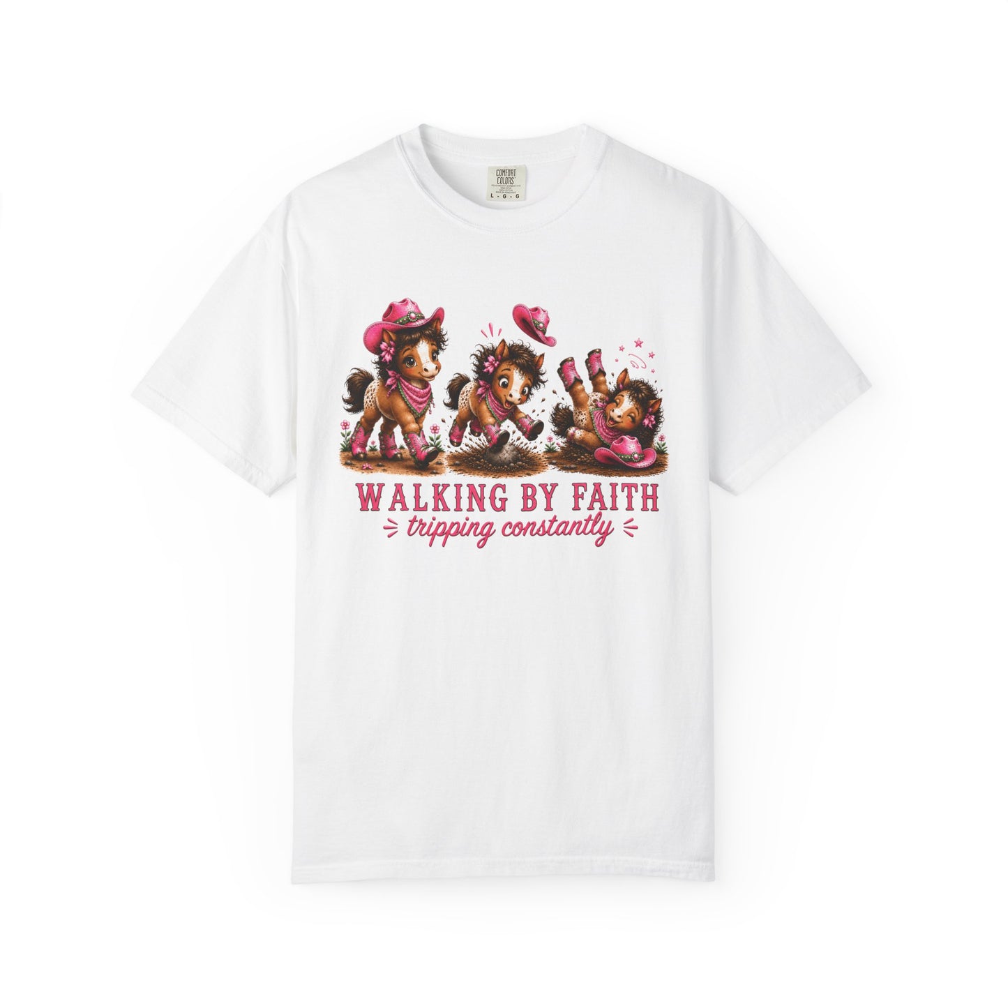 Comfort Colors® Walking By Faith Tripping Constantly Pretty Pink and Green Pony T-Shirt | Cute whimsical horse trendy religious faith Tee