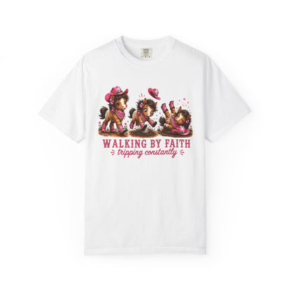 Comfort Colors® Walking By Faith Tripping Constantly Pretty Pink and Green Pony T-Shirt | Cute whimsical horse trendy religious faith Tee