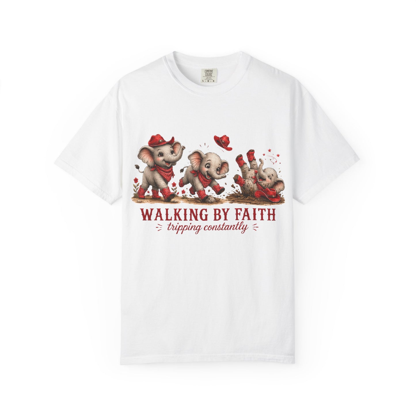 Comfort Colors® Walking By Faith tripping constantly T-Shirt | Cute Red Elephant Shirt