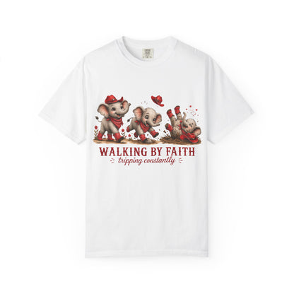 Comfort Colors® Walking By Faith tripping constantly T-Shirt | Cute Red Elephant Shirt