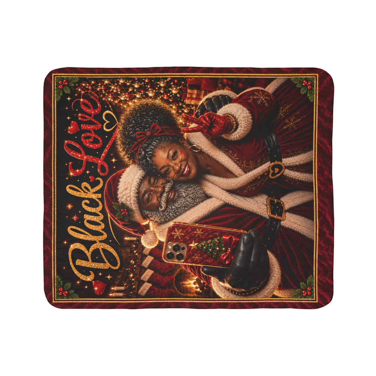 Black Love Christmas Couple Sherpa Blanket | Holiday Afrocentric Throw