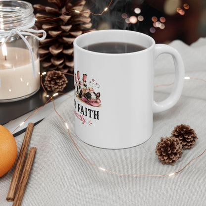 Walking By Faith Tripping Constantly Cow Mug, Christian Coffee Cup, Funny Faith Humor Graphic Quote Religious Farmhouse Coffee Mug Gift