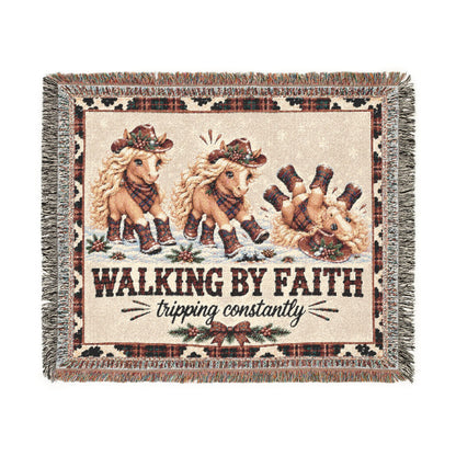 Walking By Faith Tripping Constantly Horse Christmas Woven Blanket, Plaid Cowgirl Horse Tapestry, Western Holiday Print  Home Decor Gift