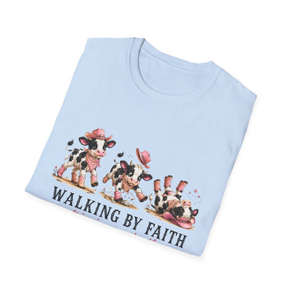 Walking By Faith Tripping Constantly T-Shirt – Cute Spotted Cow Design, Faith Humor Tee