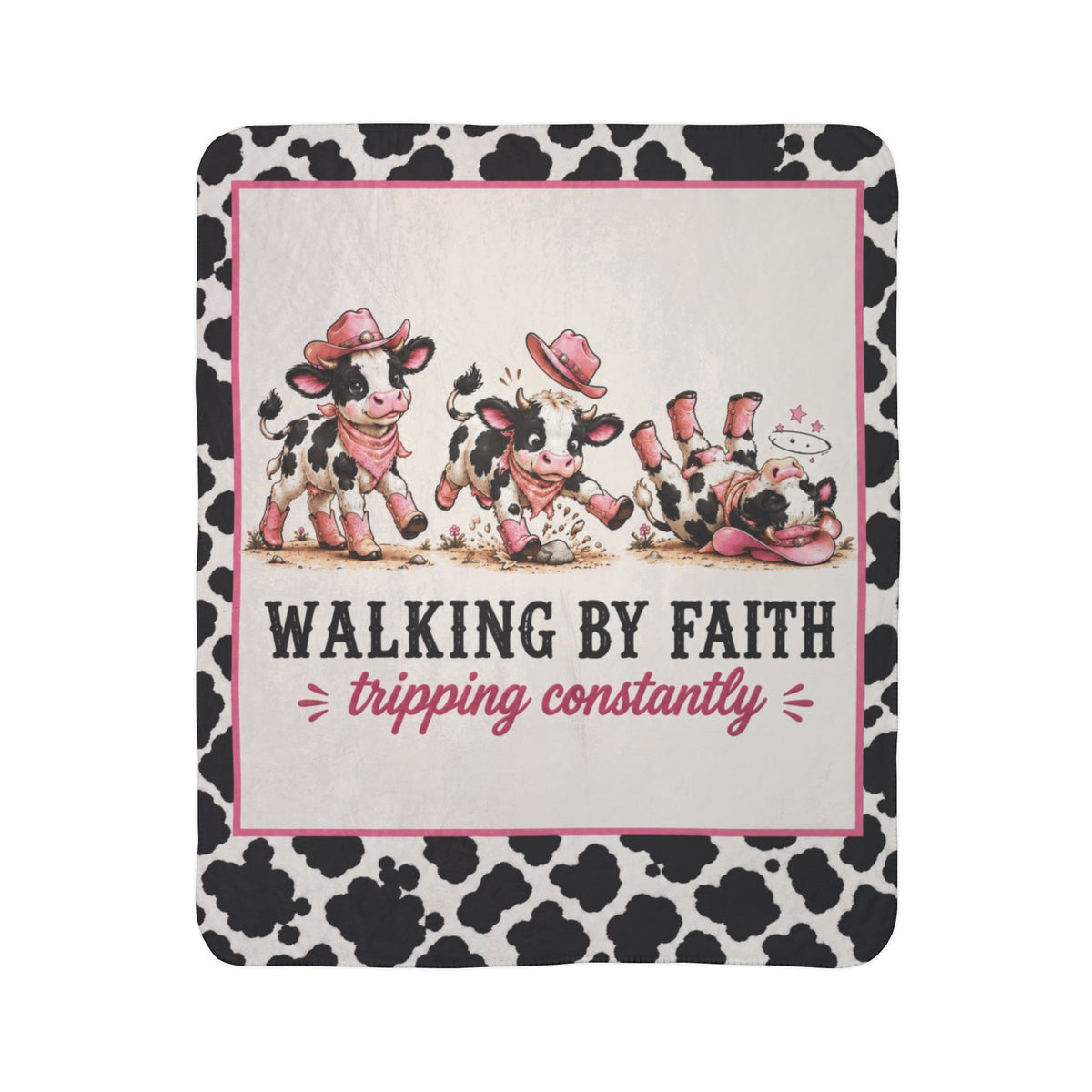 Limited Edition Walking By Faith Tripping Constantly Cow Sherpa Blanket | Cow Print Plush Fleece, Extra Warm Cozy 50x60, Christmas Gift