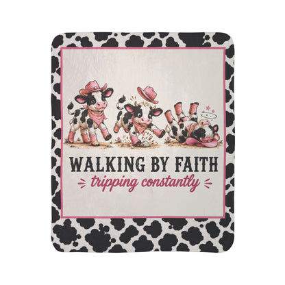 Limited Edition Walking By Faith Tripping Constantly Cow Sherpa Blanket | Cow Print Plush Fleece, Extra Warm Cozy 50x60, Christmas Gift