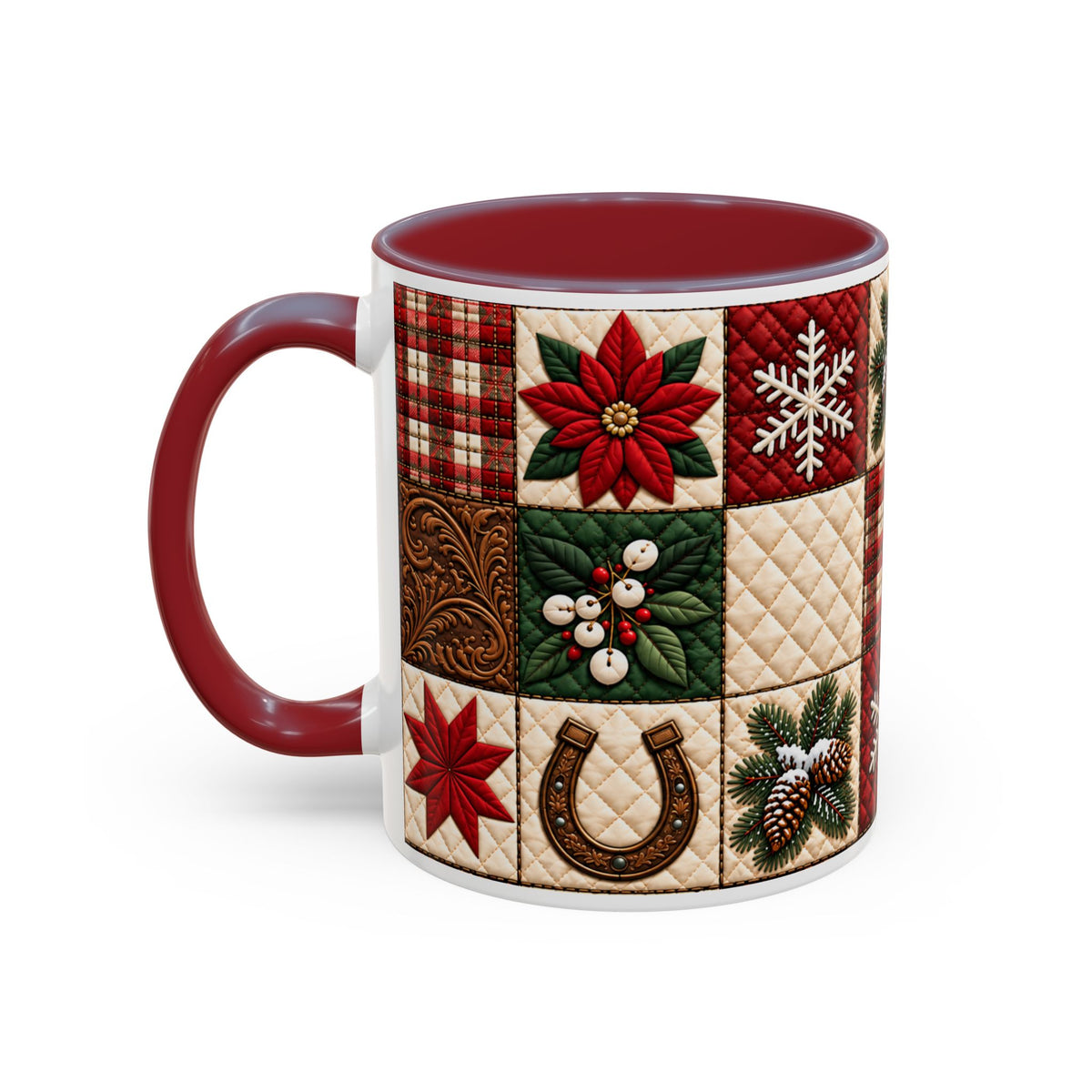 Western Christmas Patchwork Poinsette Quilt Style Mug, Cozy Country Horseshoe Snowflake Ceramic Coffee Mug, Rustic Holiday Farmhouse Gift