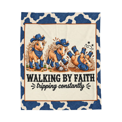 Walking by Faith Tripping Constantly Horse Blanket, Velveteen Denim Western Cowgirl, Gift for Teen Tween Horse Lover