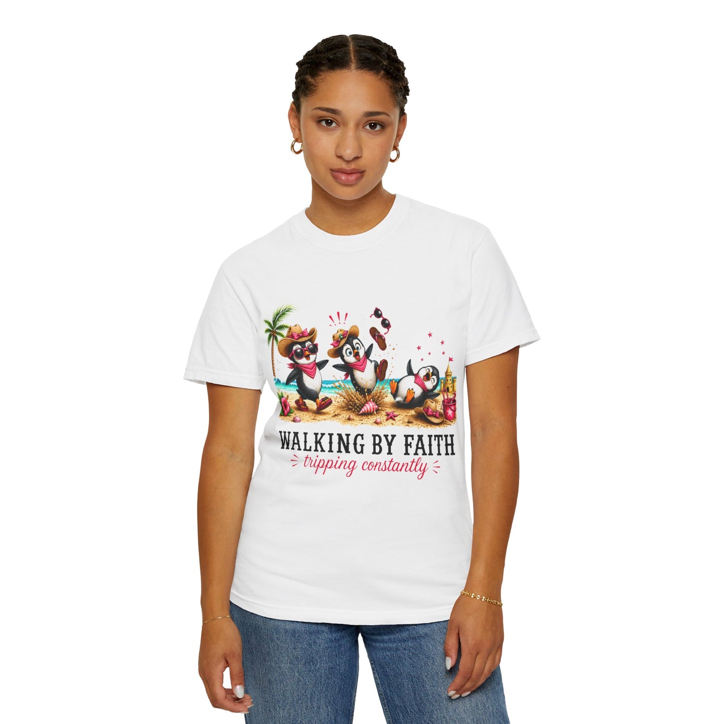 Comfort Colors® Walking By Faith Tripping Constantly Shirt, Beach Penguin Shirt, Summer Vacation Tee, Funny Penguin Tee, Faith Based Shirt