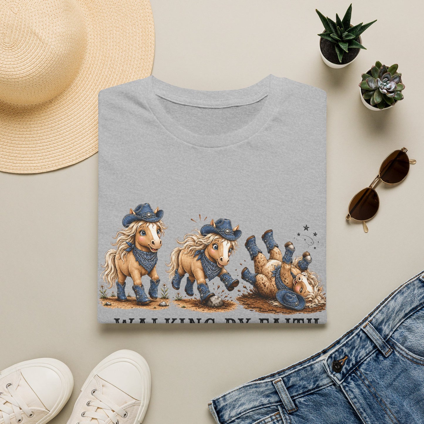 Walking by Faith (Tripping Constantly) Horse Denim Cowgirl  Graphic Tee