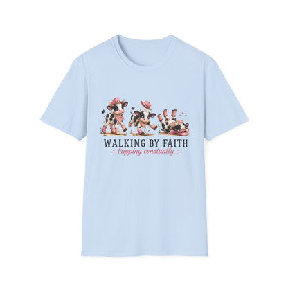 Walking By Faith Tripping Constantly T-Shirt – Cute Spotted Cow Design, Faith Humor Tee