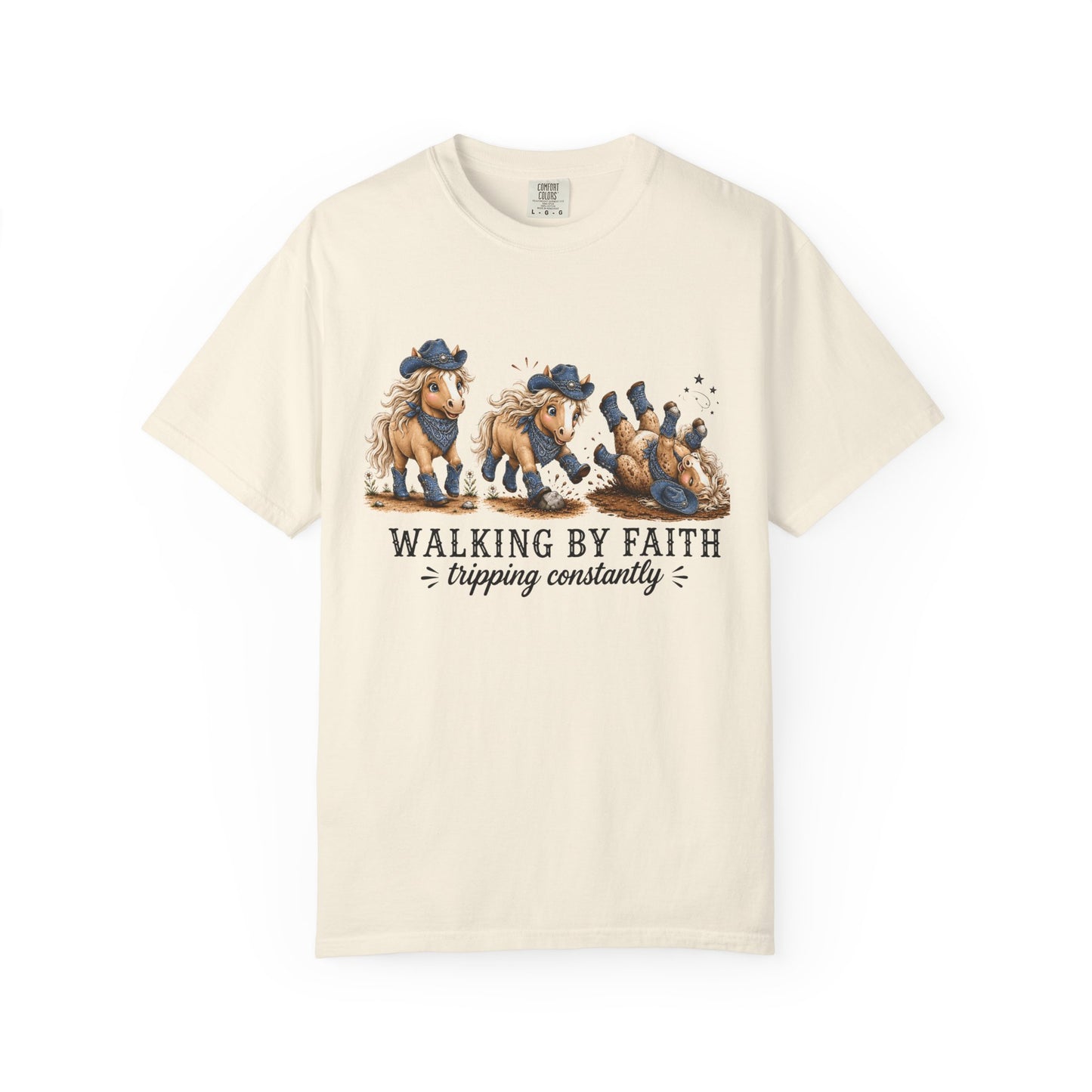 Comfort Colors® Walking By Faith Tripping Constantly Shirt Western Cowgirl Horse lover Tee Trendy Faith Christian Mom Country  Shirt
