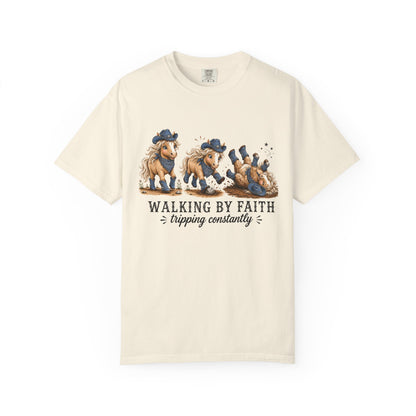 Comfort Colors® Walking By Faith Tripping Constantly Shirt Western Cowgirl Horse lover Tee Trendy Faith Christian Mom Country  Shirt