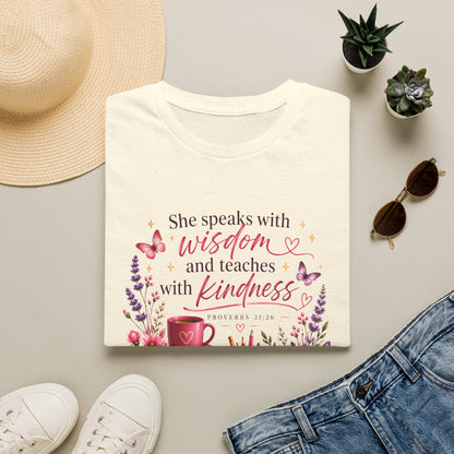 Christian Ladies' T-Shirt — "She speaks with wisdom and teaches with kindness" Floral Bible Verse Tee