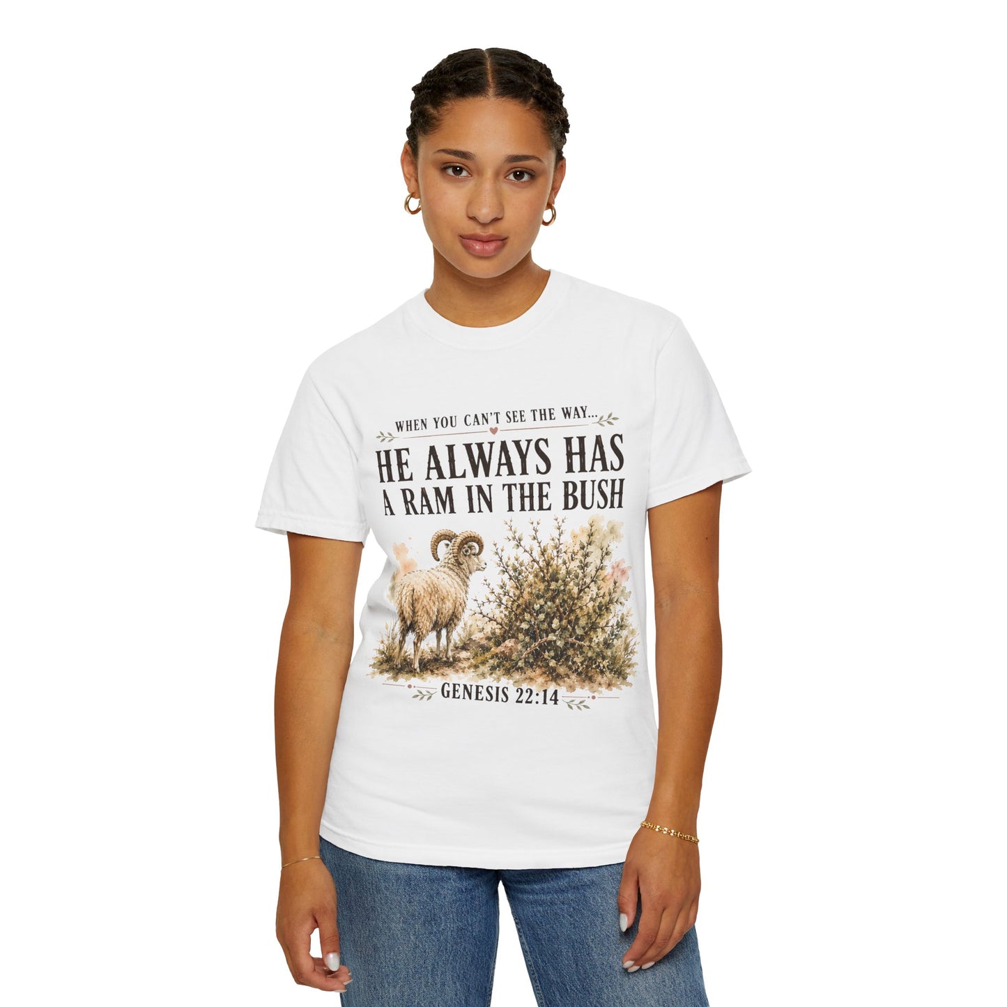 Comfort Colors® He Always Has a Ram in the Bush Tee, Minimal Christian Shirt Women