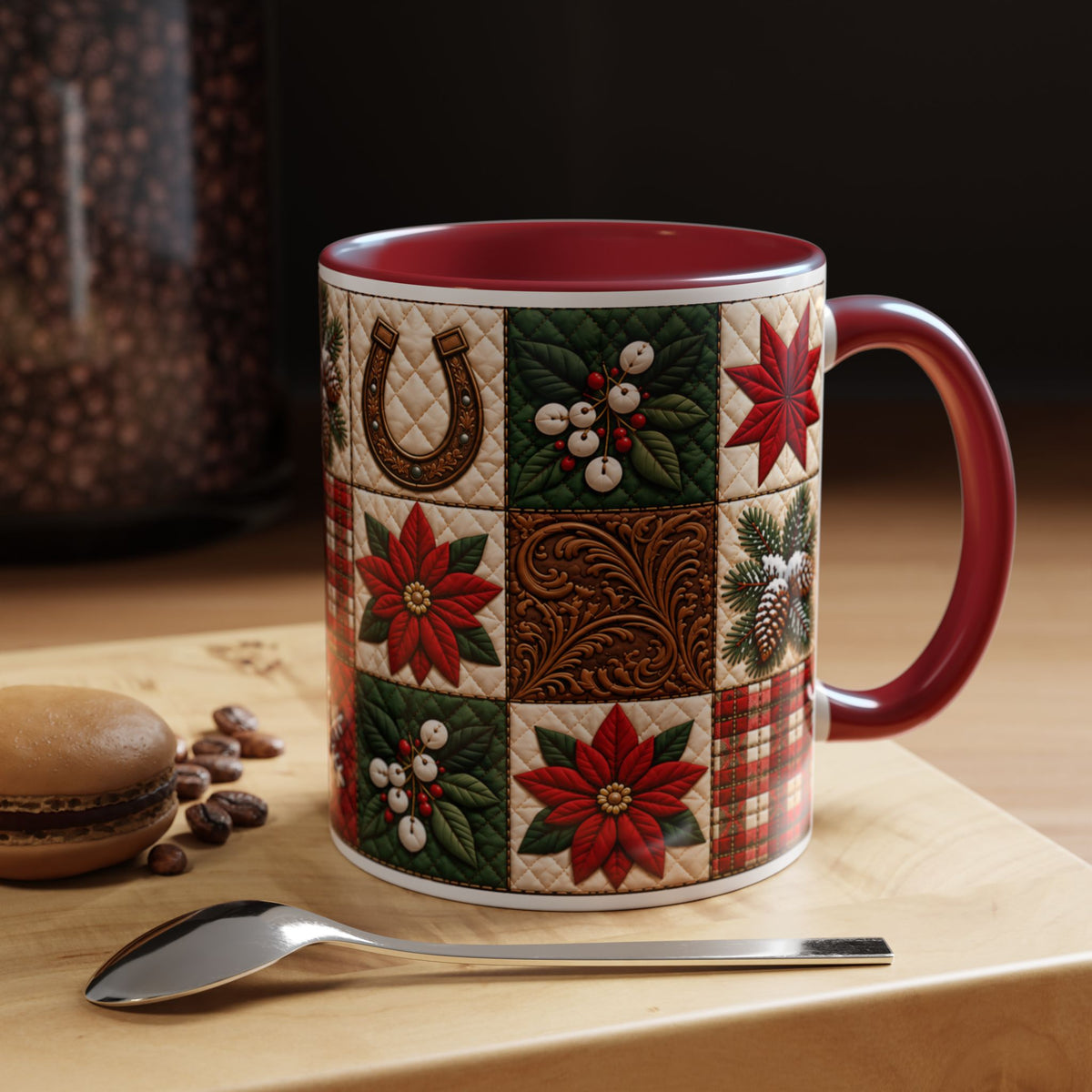 Western Christmas Patchwork Poinsette Quilt Style Mug, Cozy Country Horseshoe Snowflake Ceramic Coffee Mug, Rustic Holiday Farmhouse Gift