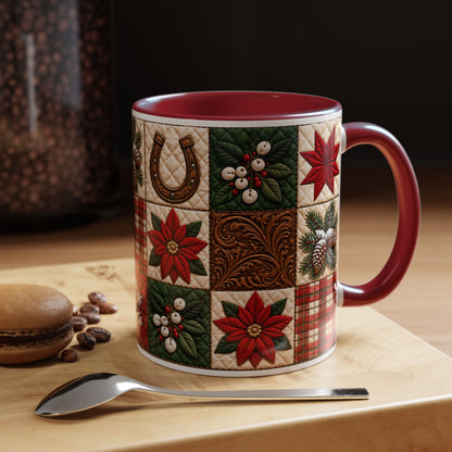 Western Christmas Patchwork Poinsette Quilt Style Mug, Cozy Country Horseshoe Snowflake Ceramic Coffee Mug, Rustic Holiday Farmhouse Gift